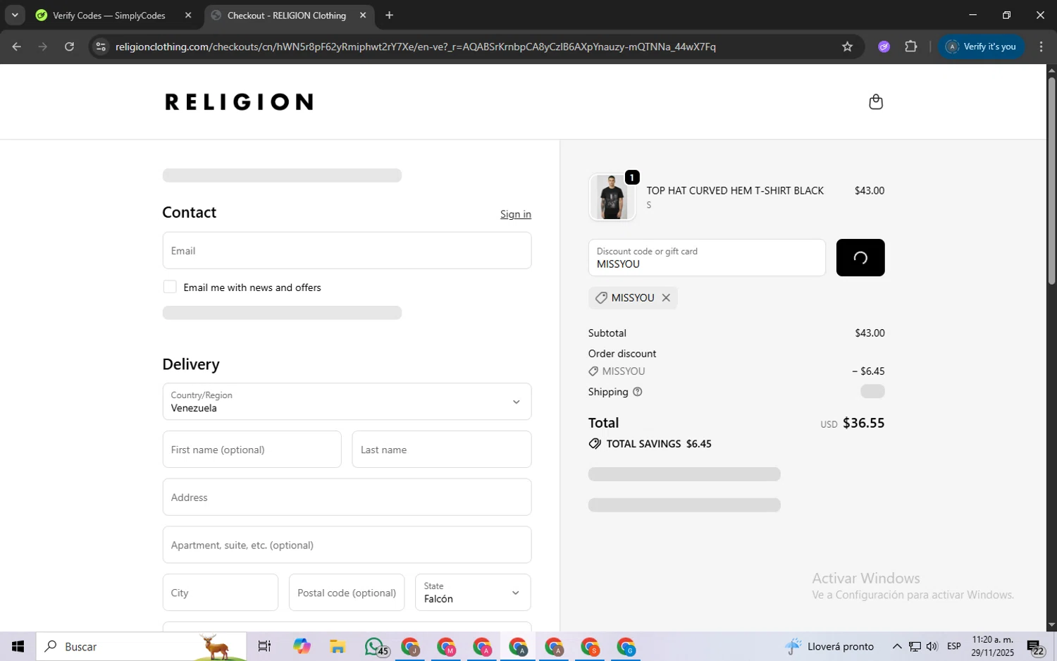Religion Clothing promo code screenshot showing code MISSYOU applied at Religion Clothing checkout page. Uploaded by SimplyCodes community member ScanSpotter8851 on Nov 29, 2025