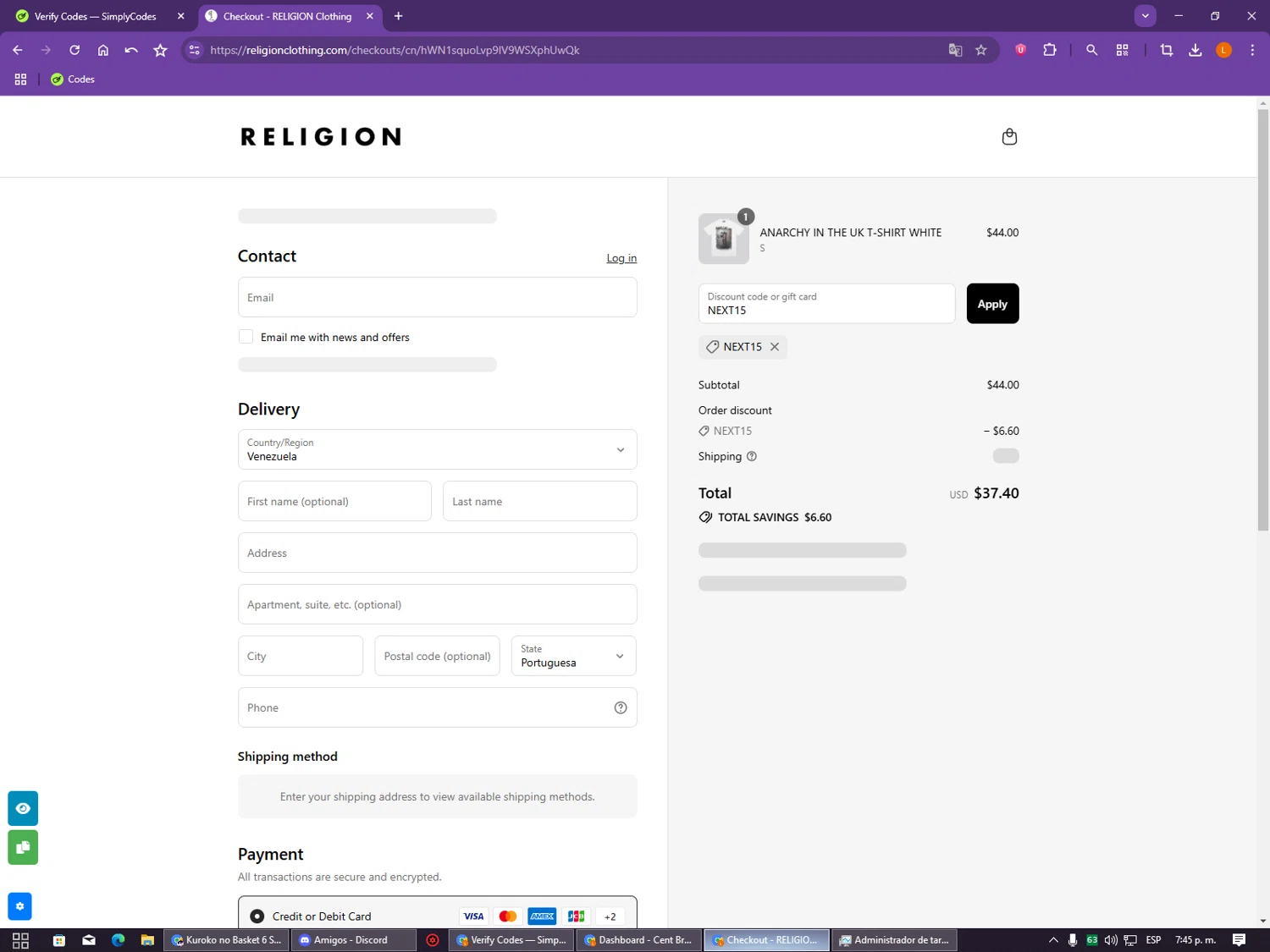 Religion Clothing promo code screenshot showing code NEXT15 applied at Religion Clothing checkout page. Uploaded by SimplyCodes community member DIOSESMIGUIA on Aug 16, 2025