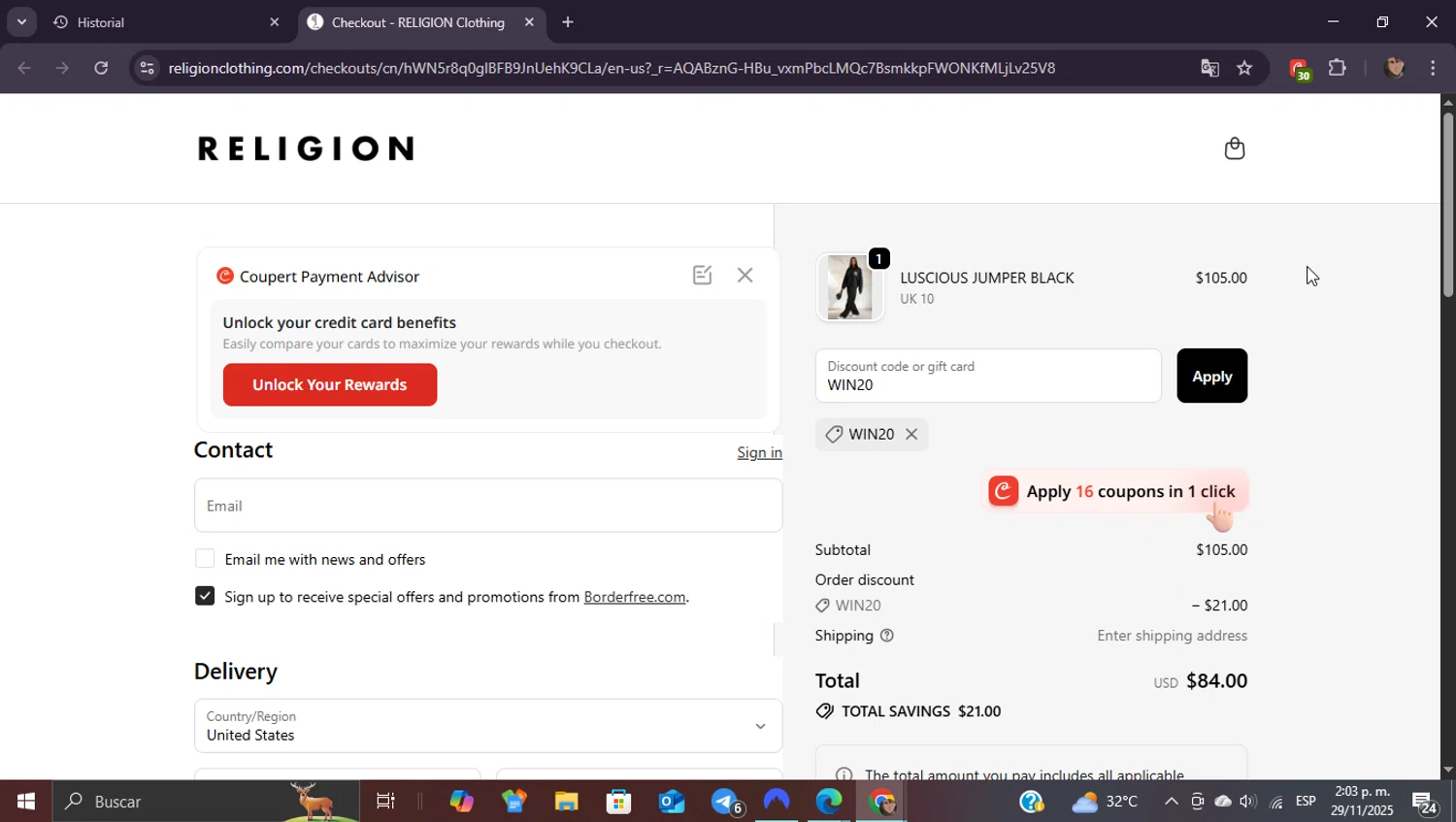 Religion Clothing promo code screenshot showing code WIN20 applied at Religion Clothing checkout page. Uploaded by SimplyCodes community member ShieldEagle9436 on Nov 29, 2025
