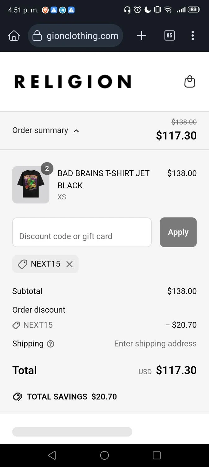 Religion Clothing promo code screenshot showing code NEXT15 applied at Religion Clothing checkout page. Uploaded by SimplyCodes community member George07 on May 30, 2025