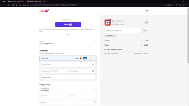 Relish checkout page showing Relish coupon code box | Screenshot taken by SimplyCodes community member on Apr 25, 2025