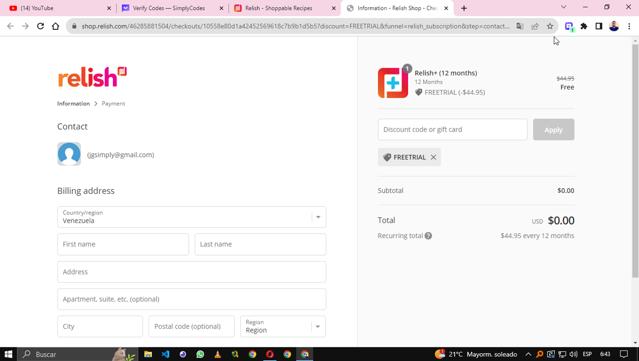 Relish checkout page showing Relish coupon code box | Screenshot taken by SimplyCodes community member on Oct 7, 2023