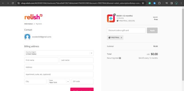 Relish checkout page showing Relish coupon code box | Screenshot taken by SimplyCodes community member on Dec 31, 2023