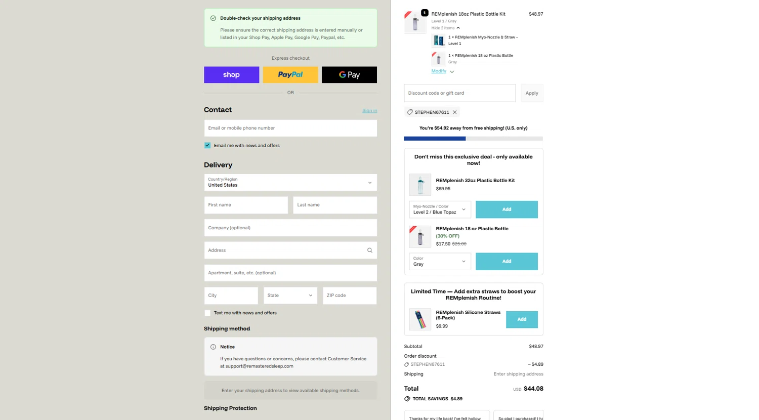 REMastered Sleep discount code screenshot showing code STEPHEN67611 applied at REMastered Sleep checkout page. Uploaded by SimplyCodes community member reggiesmith on Feb 9, 2026