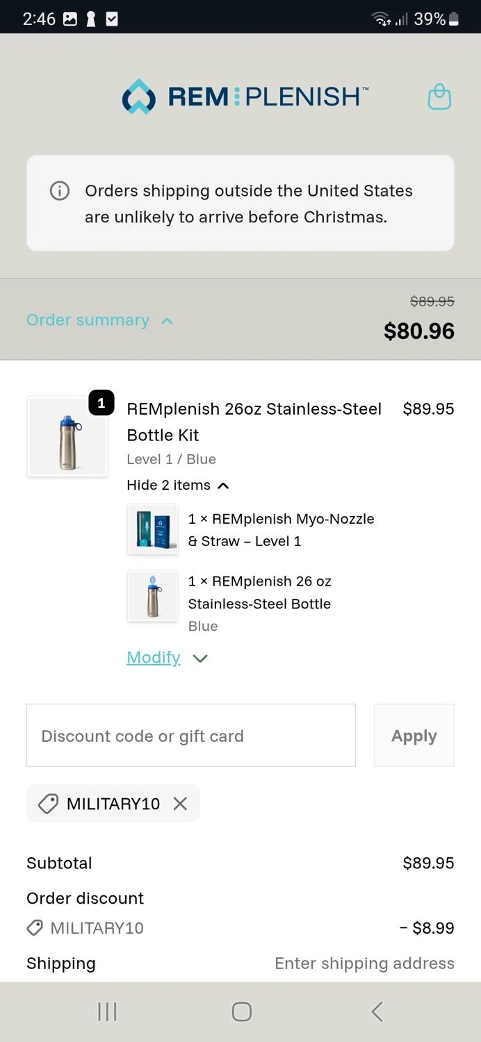 REMastered Sleep discount code screenshot showing code MILITARY10 applied at REMastered Sleep checkout page. Uploaded by SimplyCodes community member Depressive on Dec 15, 2025