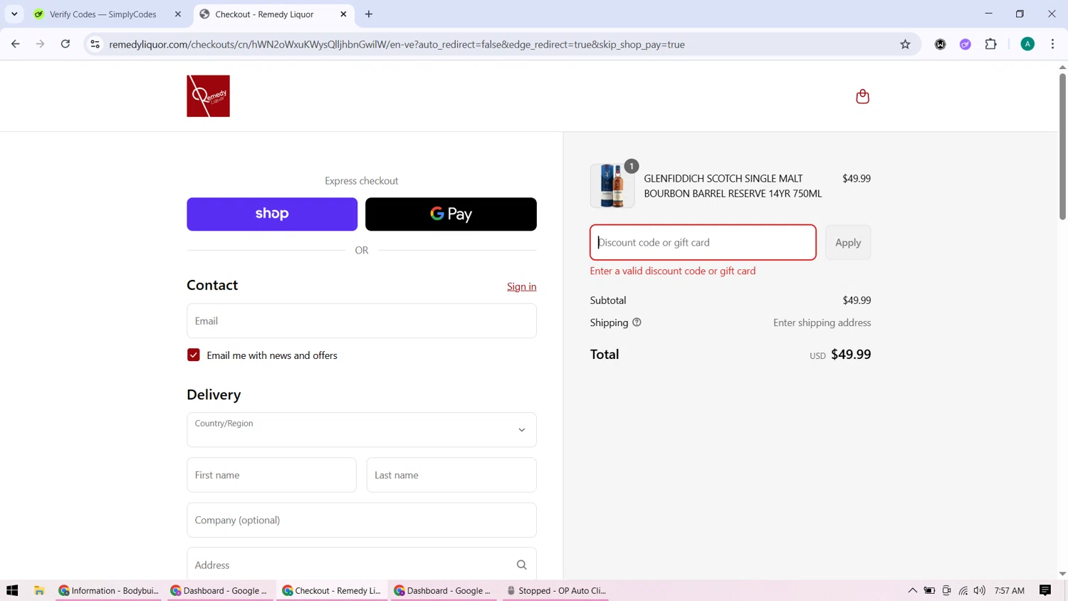 Remedy Liquor discount code screenshot showing code Remedy10 applied at Remedy Liquor checkout page. Uploaded by SimplyCodes community member ShieldHunter3846 on Sep 10, 2025