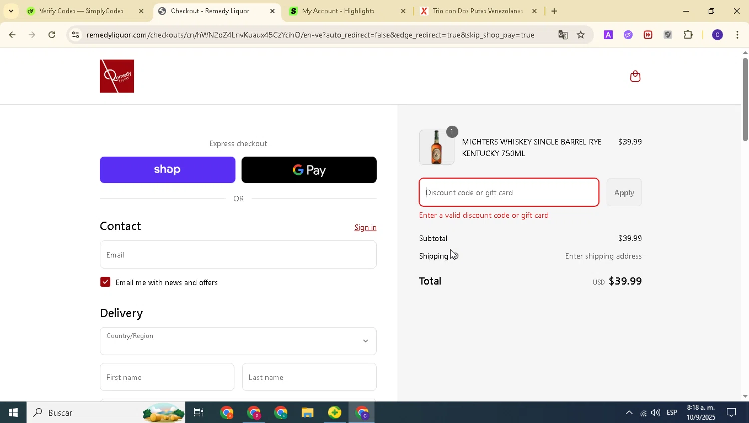 Remedy Liquor discount code screenshot showing code Remedy10 applied at Remedy Liquor checkout page. Uploaded by SimplyCodes community member alexanderarnold on Sep 10, 2025