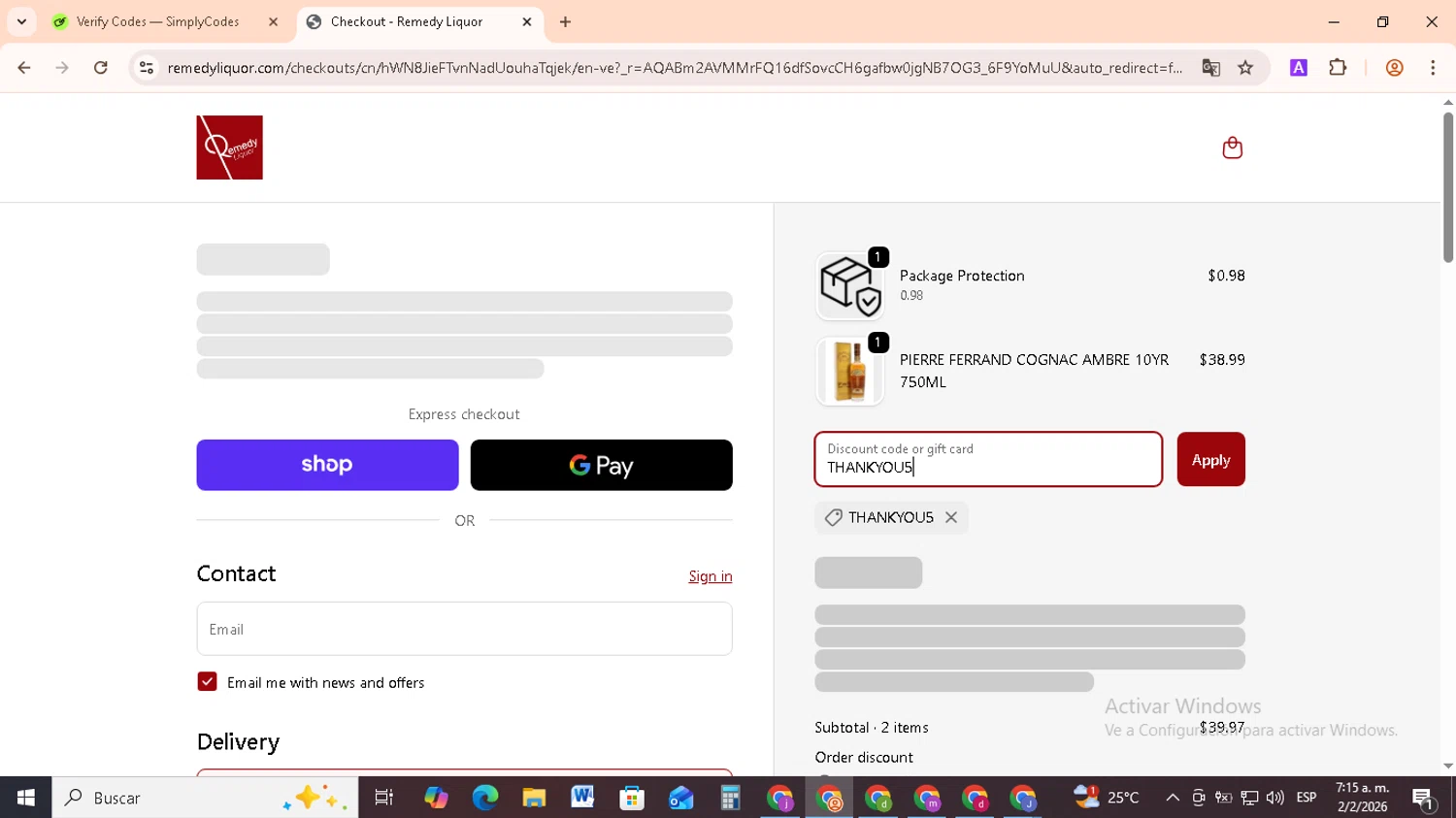 Remedy Liquor discount code screenshot showing code THANKYOU5 applied at Remedy Liquor checkout page. Uploaded by SimplyCodes community member RebateCollector5909 on Feb 2, 2026