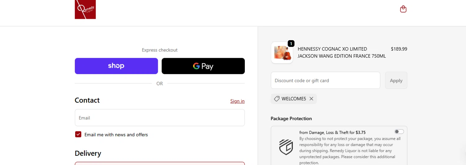 Remedy Liquor discount code screenshot showing code WELCOME5 applied at Remedy Liquor checkout page. Uploaded by SimplyCodes community member ashe1986 on Oct 7, 2025