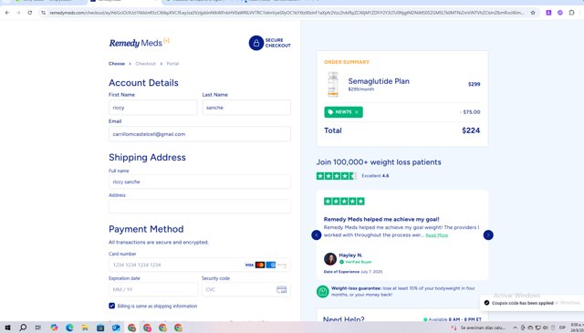 Remedy Meds checkout page showing Remedy Meds coupon code box | Screenshot taken by SimplyCodes community member on Aug 24, 2025