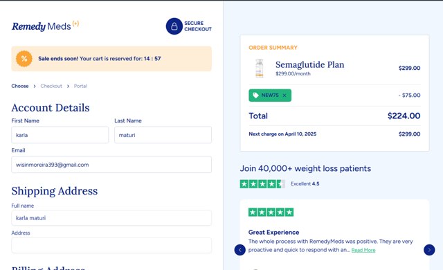 Remedy Meds checkout page showing Remedy Meds coupon code box | Screenshot taken by SimplyCodes community member on Mar 13, 2025