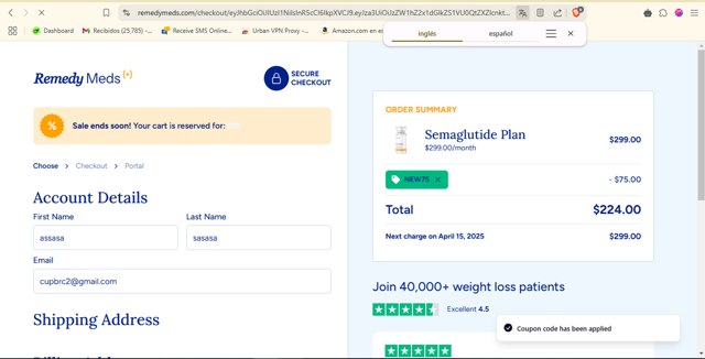 Remedy Meds checkout page showing Remedy Meds coupon code box | Screenshot taken by SimplyCodes community member on Mar 18, 2025