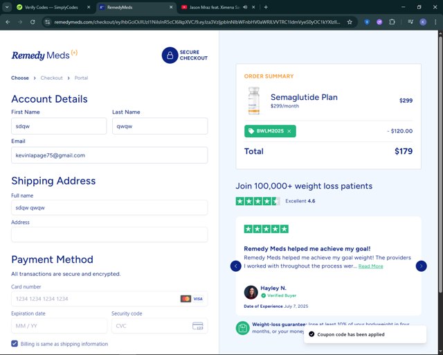 Remedy Meds checkout page showing Remedy Meds coupon code box | Screenshot taken by SimplyCodes community member on Aug 20, 2025