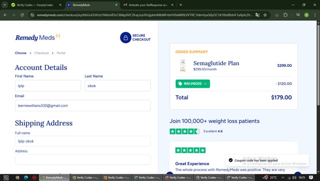 Remedy Meds checkout page showing Remedy Meds coupon code box | Screenshot taken by SimplyCodes community member on May 25, 2025