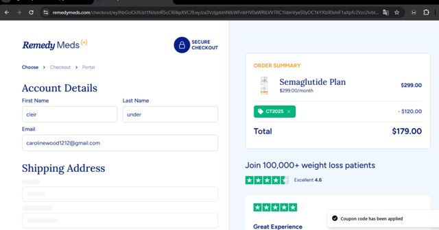 Remedy Meds checkout page showing Remedy Meds coupon code box | Screenshot taken by SimplyCodes community member on May 25, 2025