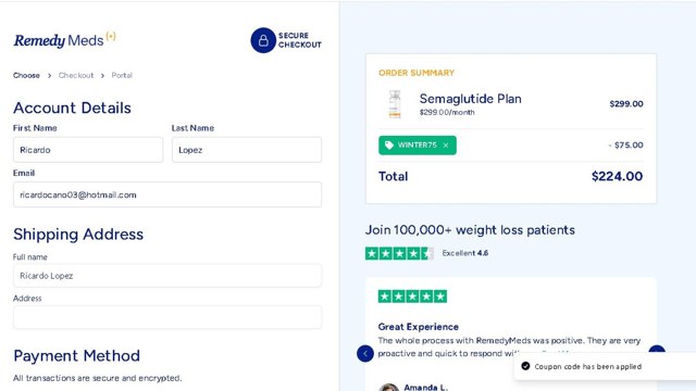 Remedy Meds checkout page showing Remedy Meds coupon code box | Screenshot taken by SimplyCodes community member on Jul 26, 2025