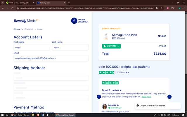 Remedy Meds checkout page showing Remedy Meds coupon code box | Screenshot taken by SimplyCodes community member on Jun 27, 2025