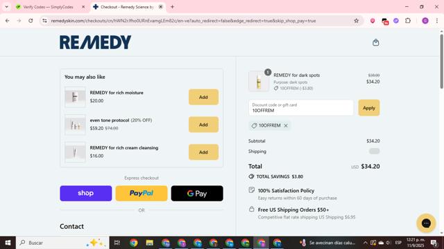 Remedy Science checkout page showing Remedy Science discount code box | Screenshot taken by SimplyCodes community member on Sep 11, 2025