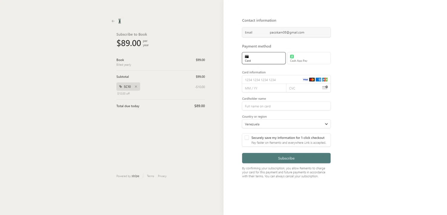 Remento checkout page showing Remento promo code box | Screenshot taken by SimplyCodes community member on Nov 4, 2023