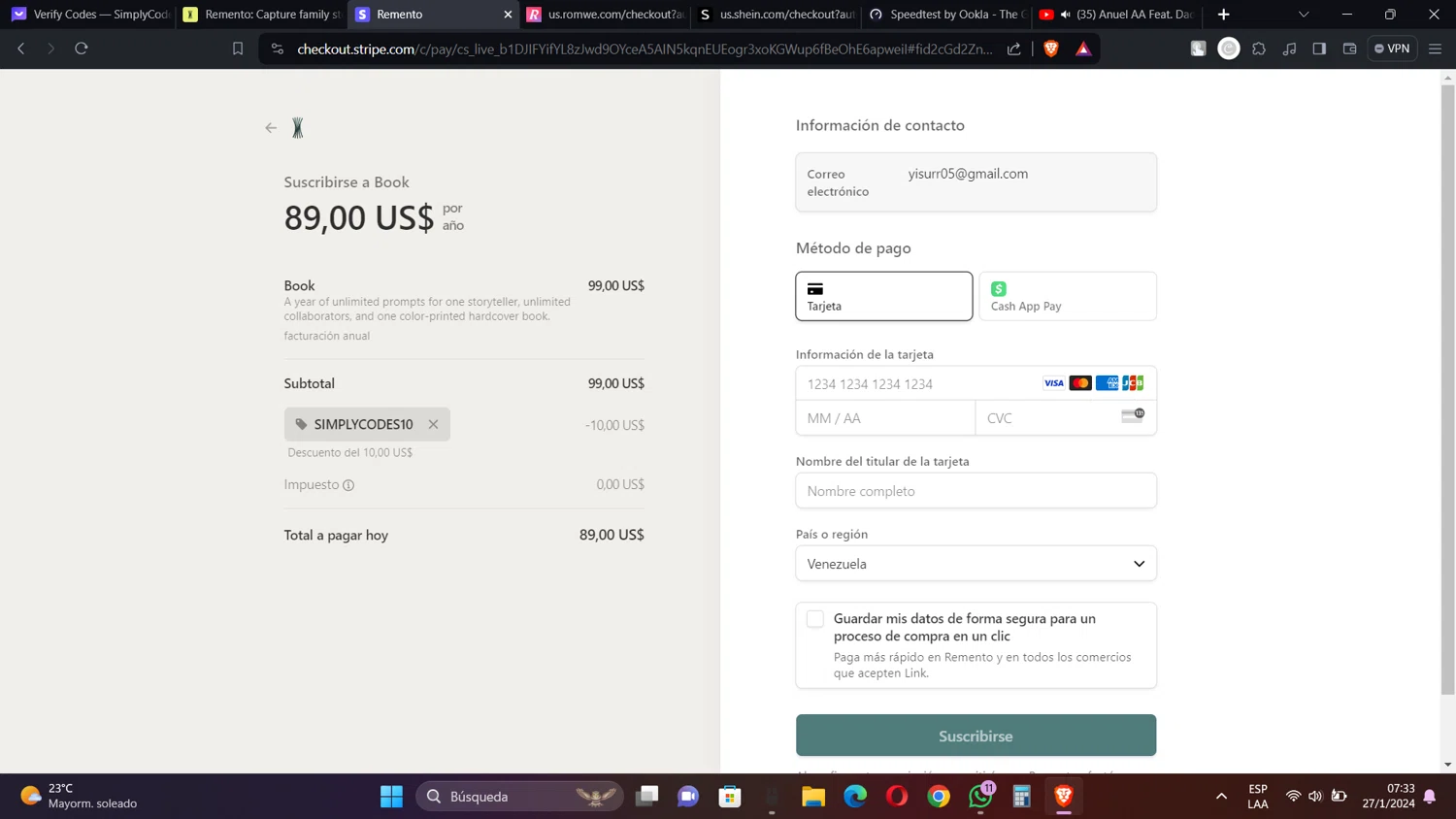 Remento checkout page showing Remento promo code box | Screenshot taken by SimplyCodes community member on Jan 27, 2024