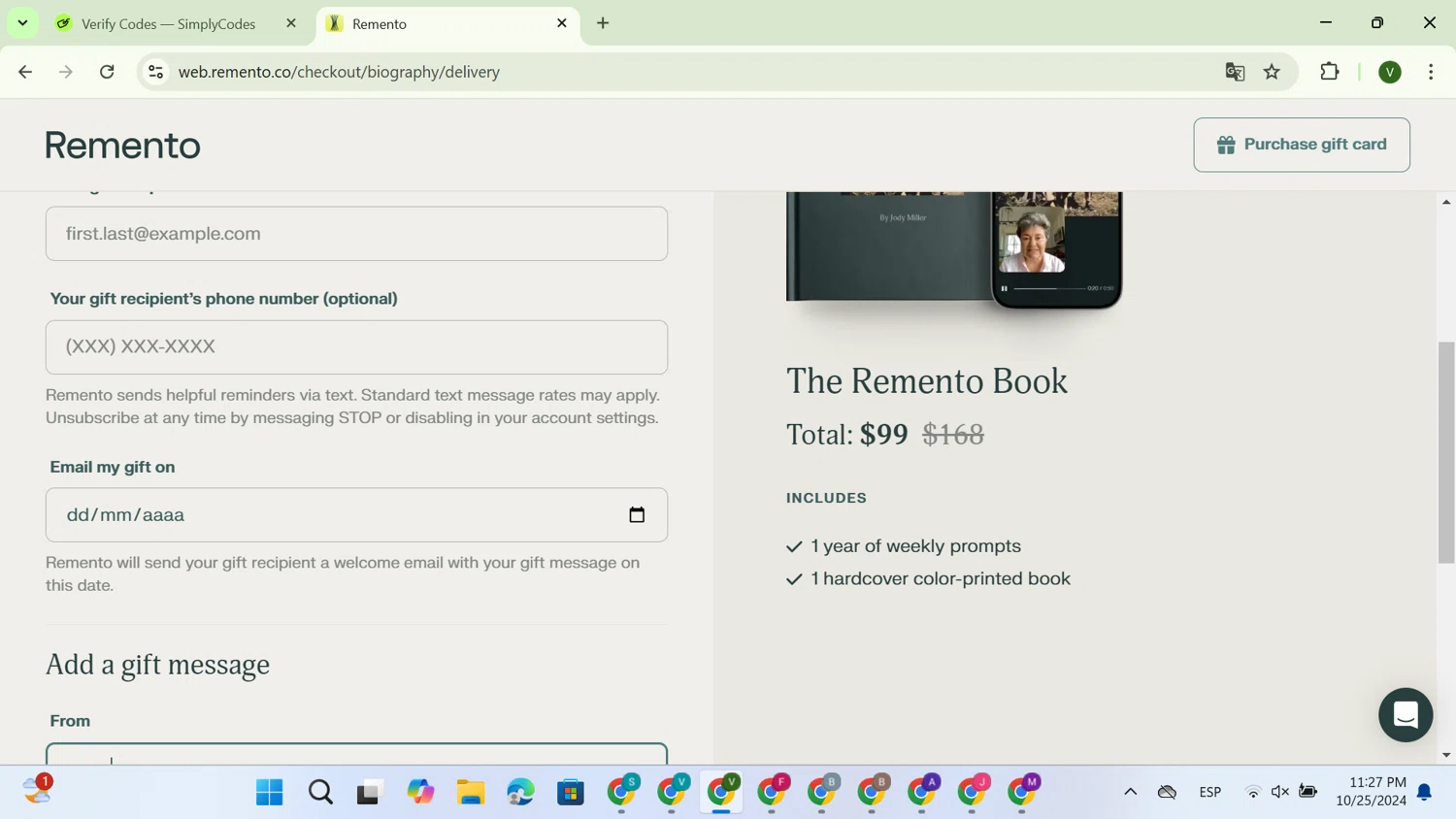 Remento checkout page showing Remento promo code box | Screenshot taken by SimplyCodes community member on Oct 26, 2024