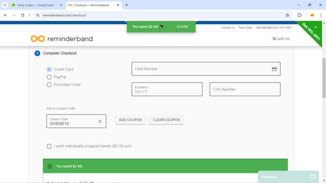 Reminderband checkout page showing Reminderband promo code box | Screenshot taken by SimplyCodes community member on Jan 8, 2025