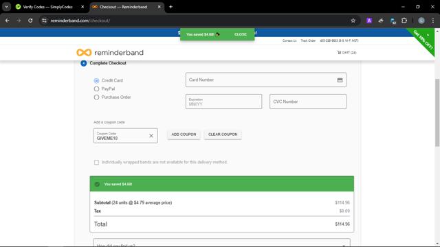 Reminderband checkout page showing Reminderband promo code box | Screenshot taken by SimplyCodes community member on Jan 8, 2025