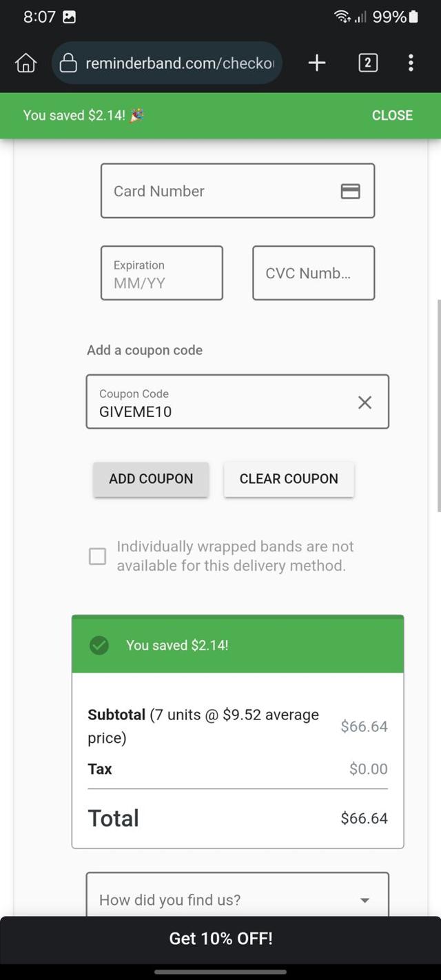 Reminderband checkout page showing Reminderband promo code box | Screenshot taken by SimplyCodes community member on Dec 17, 2024