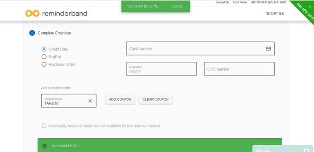 Reminderband checkout page showing Reminderband promo code box | Screenshot taken by SimplyCodes community member on Oct 22, 2024
