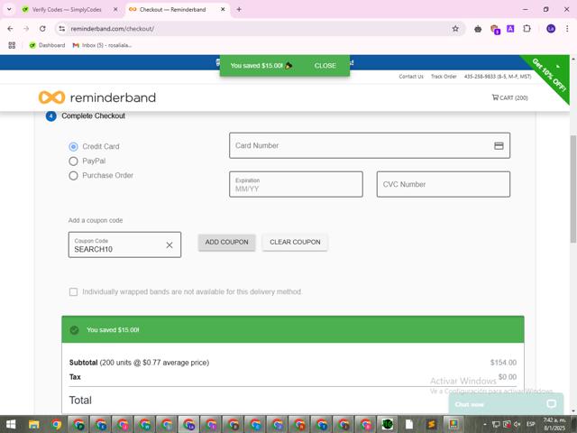 Reminderband checkout page showing Reminderband promo code box | Screenshot taken by SimplyCodes community member on Jan 8, 2025