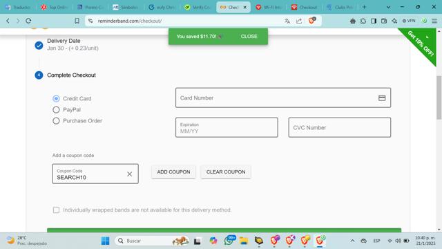 Reminderband checkout page showing Reminderband promo code box | Screenshot taken by SimplyCodes community member on Jan 22, 2025