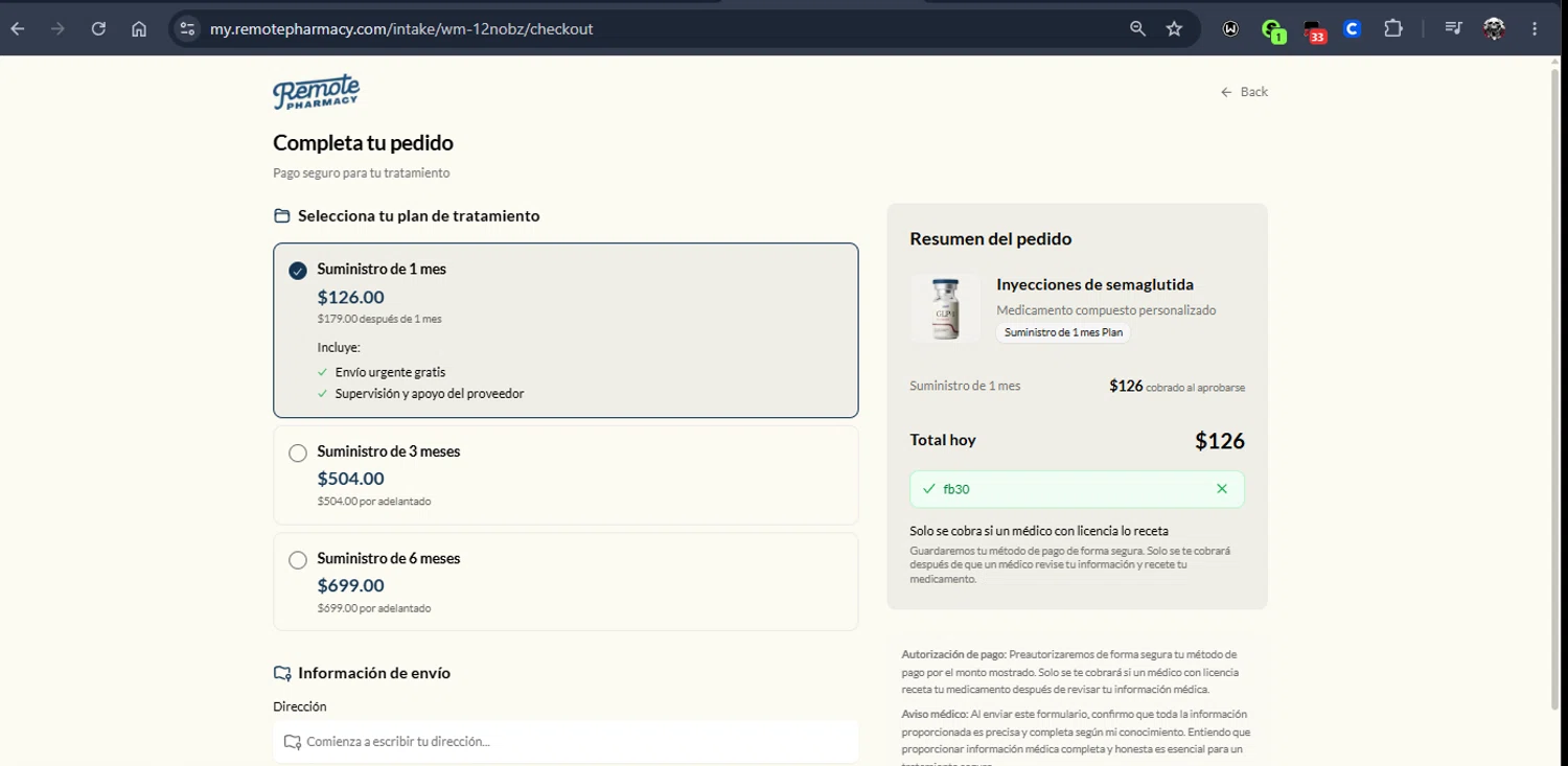 Remote Pharmacy promo code screenshot showing code FB30 applied at Remote Pharmacy checkout page. Uploaded by SimplyCodes community member Jmhernand1 on Jun 14, 2026