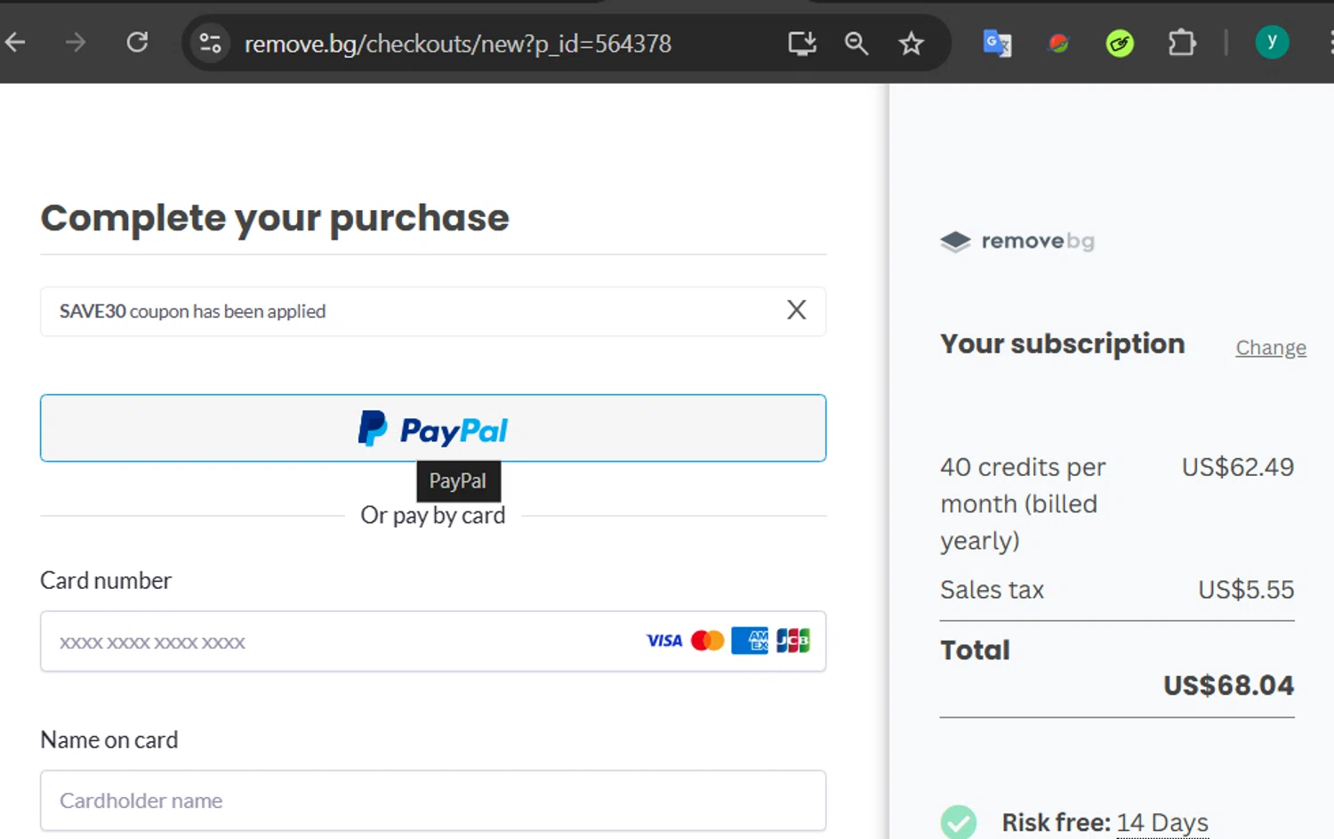 Remove.bg promo code screenshot showing code SAVE30 applied at Remove.bg checkout page. Uploaded by SimplyCodes community member 502312 on Apr 8, 2025