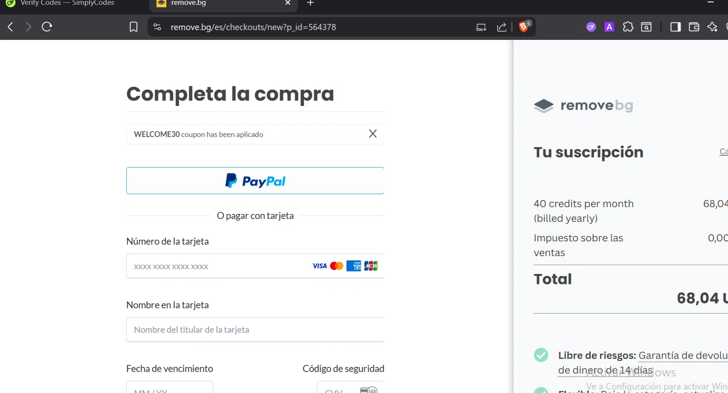 Remove.bg promo code screenshot showing code WELCOME30 applied at Remove.bg checkout page. Uploaded by SimplyCodes community member DiaCritics on Sep 5, 2025