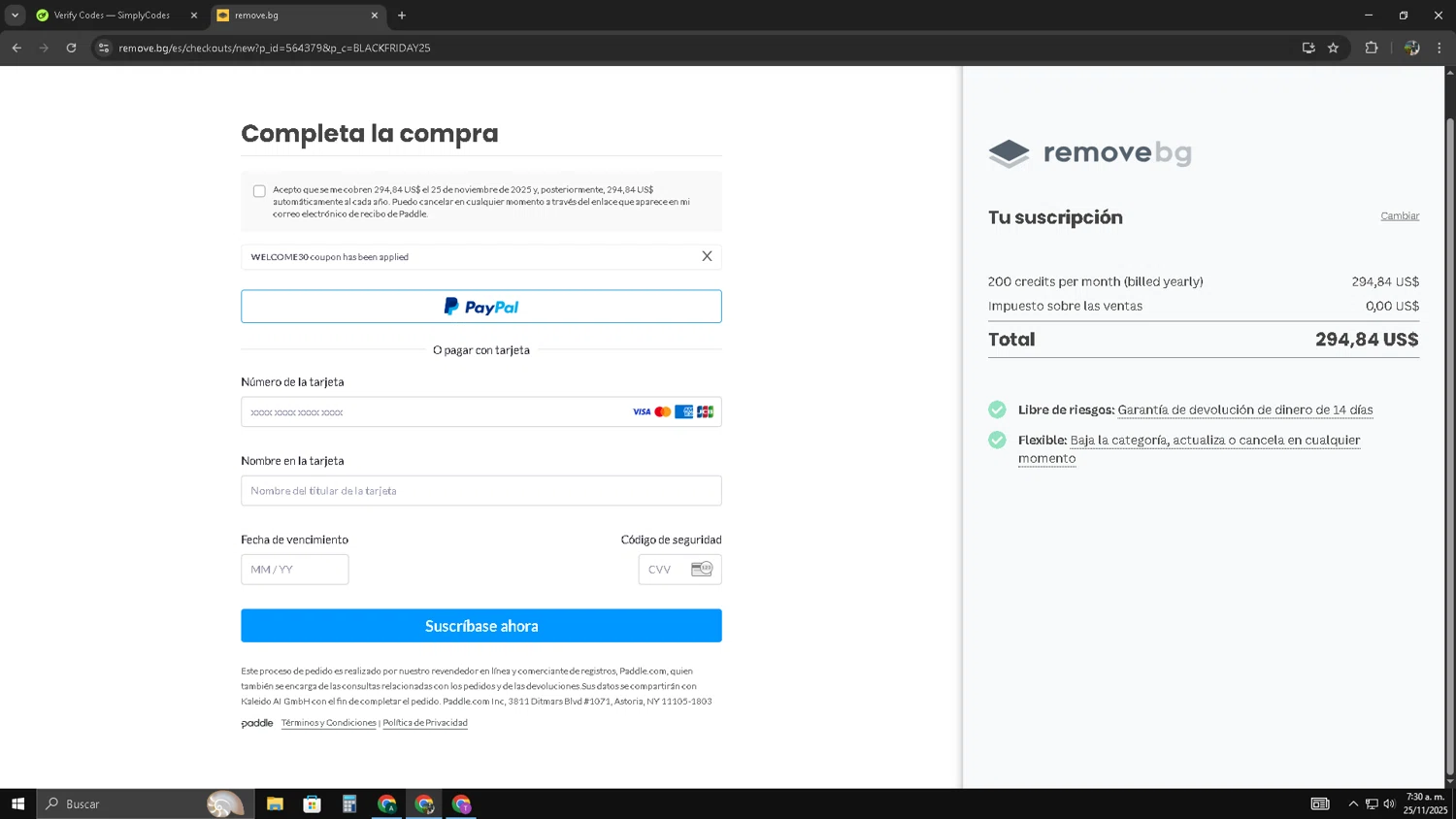 Remove.bg promo code screenshot showing code WELCOME30 applied at Remove.bg checkout page. Uploaded by SimplyCodes community member LegendaryTitan3375 on Nov 25, 2025