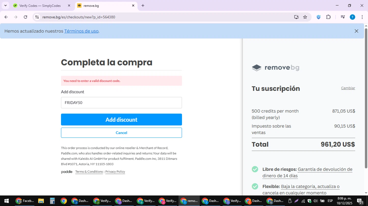Remove.bg promo code screenshot showing code FRIDAY50 applied at Remove.bg checkout page. Uploaded by SimplyCodes community member hankt1521 on Dec 19, 2025