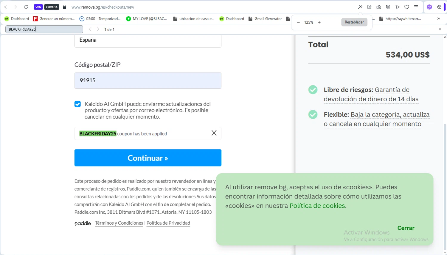Remove.bg promo code screenshot showing code BLACKFRIDAY25 applied at Remove.bg checkout page. Uploaded by SimplyCodes community member VoucherWhiz9254 on Nov 27, 2025