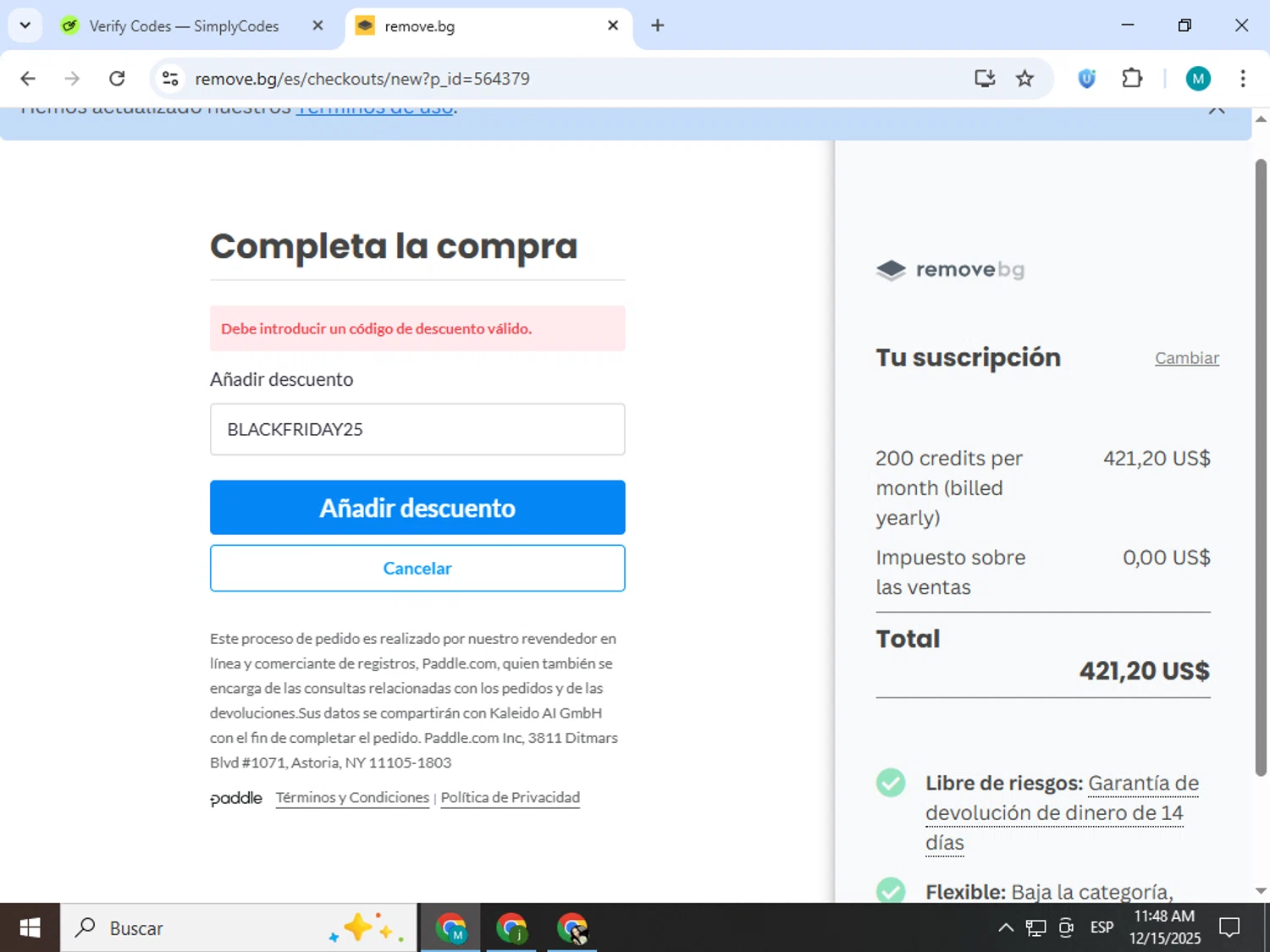 Remove.bg promo code screenshot showing code BLACKFRIDAY25 applied at Remove.bg checkout page. Uploaded by SimplyCodes community member estrellaveloz on Dec 15, 2025