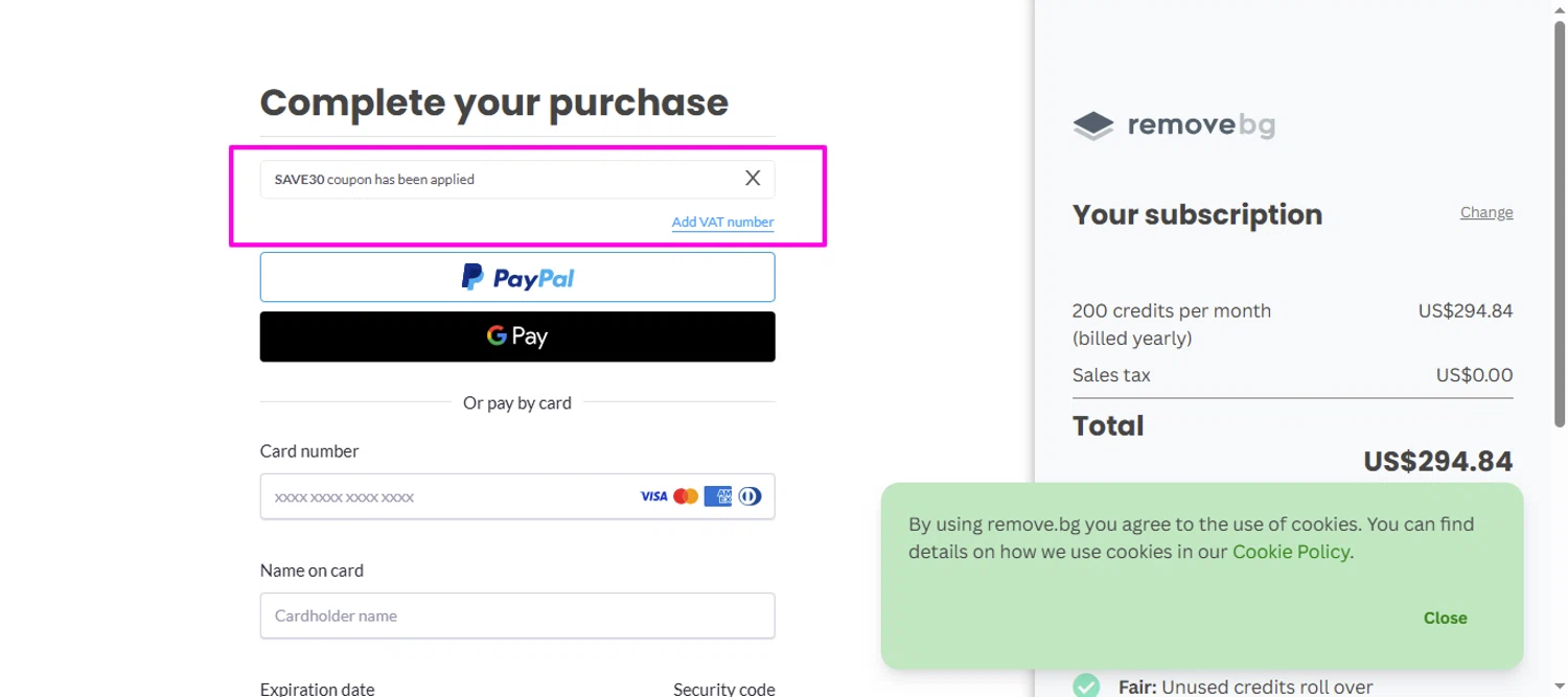 Remove.bg promo code screenshot showing code SAVE30 applied at Remove.bg checkout page. Uploaded by SimplyCodes community member mrdarcy on May 16, 2025