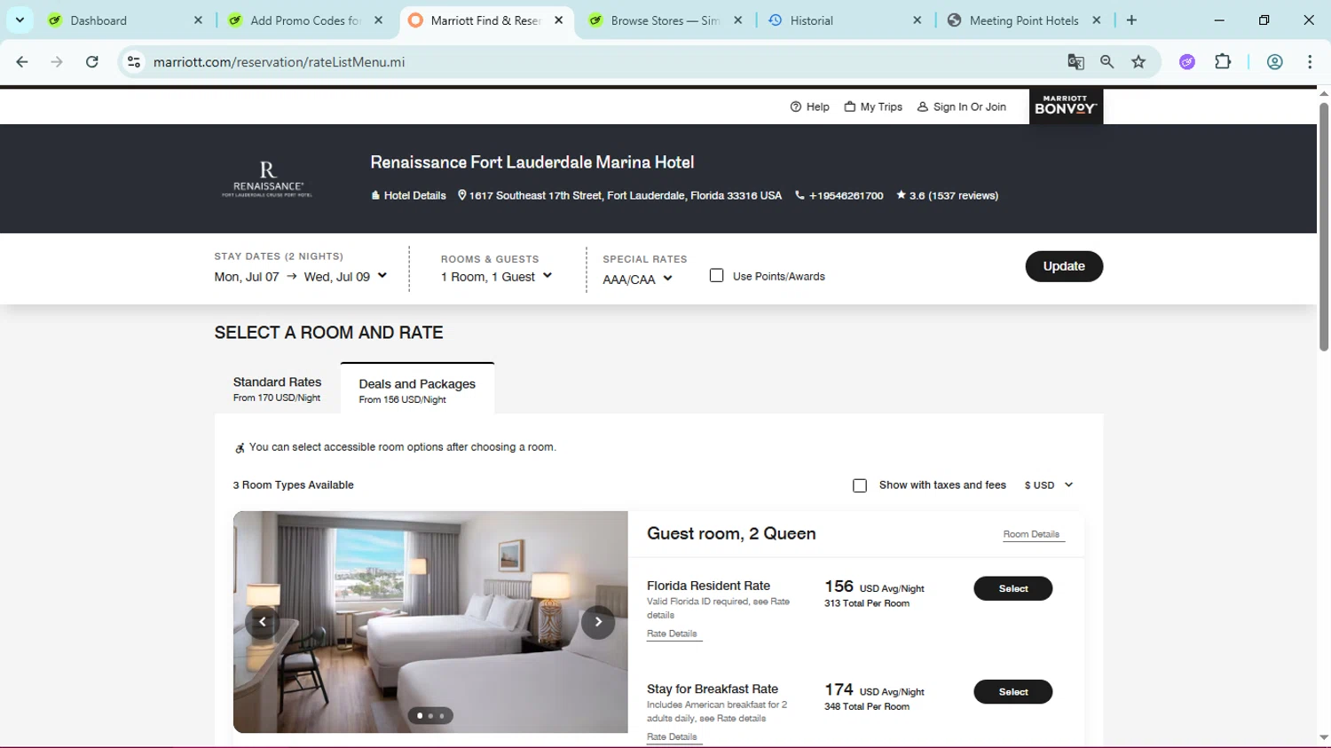Renaissance Hotel promo code screenshot showing code AAA/CAA applied at Renaissance Hotel checkout page. Uploaded by SimplyCodes community member Simpsince95 on Jul 7, 2025