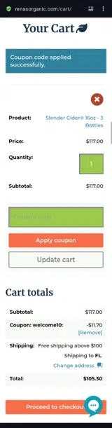 WELCOME10 coupon verification screenshot