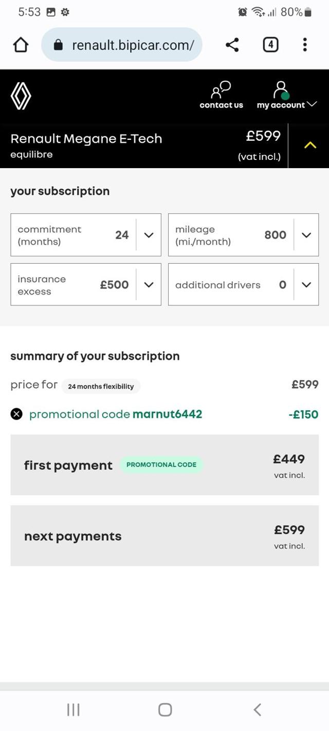 Renault checkout page showing Renault promo code box | Screenshot taken by SimplyCodes community member on Sep 11, 2023
