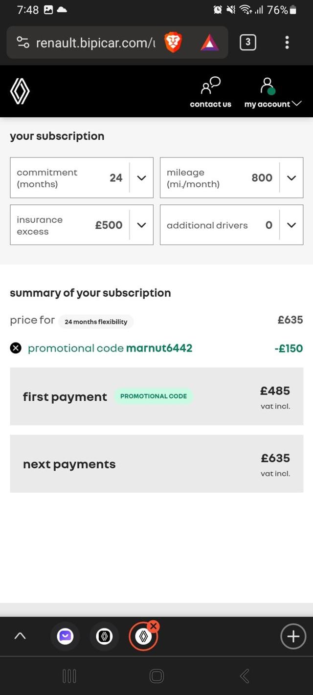 Renault checkout page showing Renault promo code box | Screenshot taken by SimplyCodes community member on Nov 8, 2023