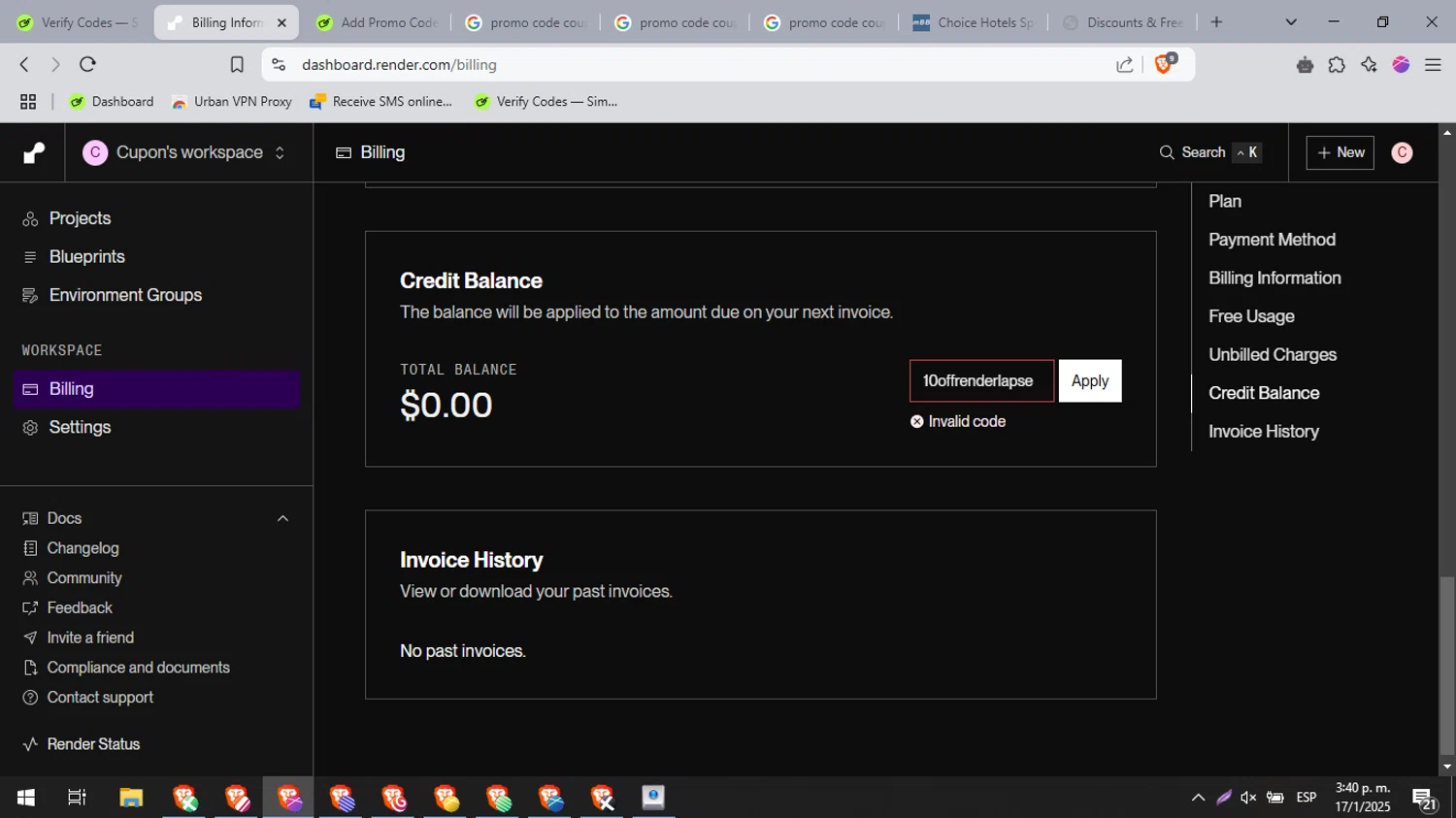 Render promo code screenshot showing code 10offrenderlapse applied at Render checkout page. Uploaded by SimplyCodes community member brcbrc on Jan 17, 2025