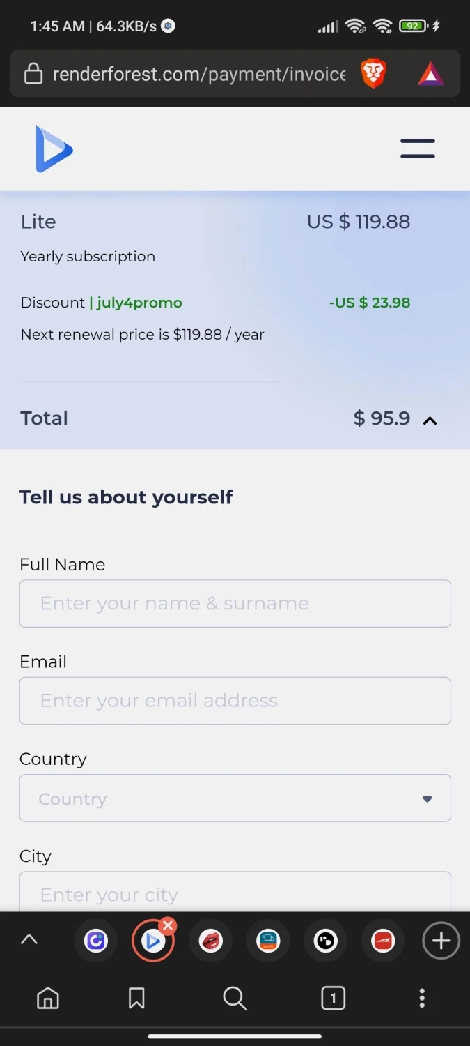 where to use Renderforest promo code box