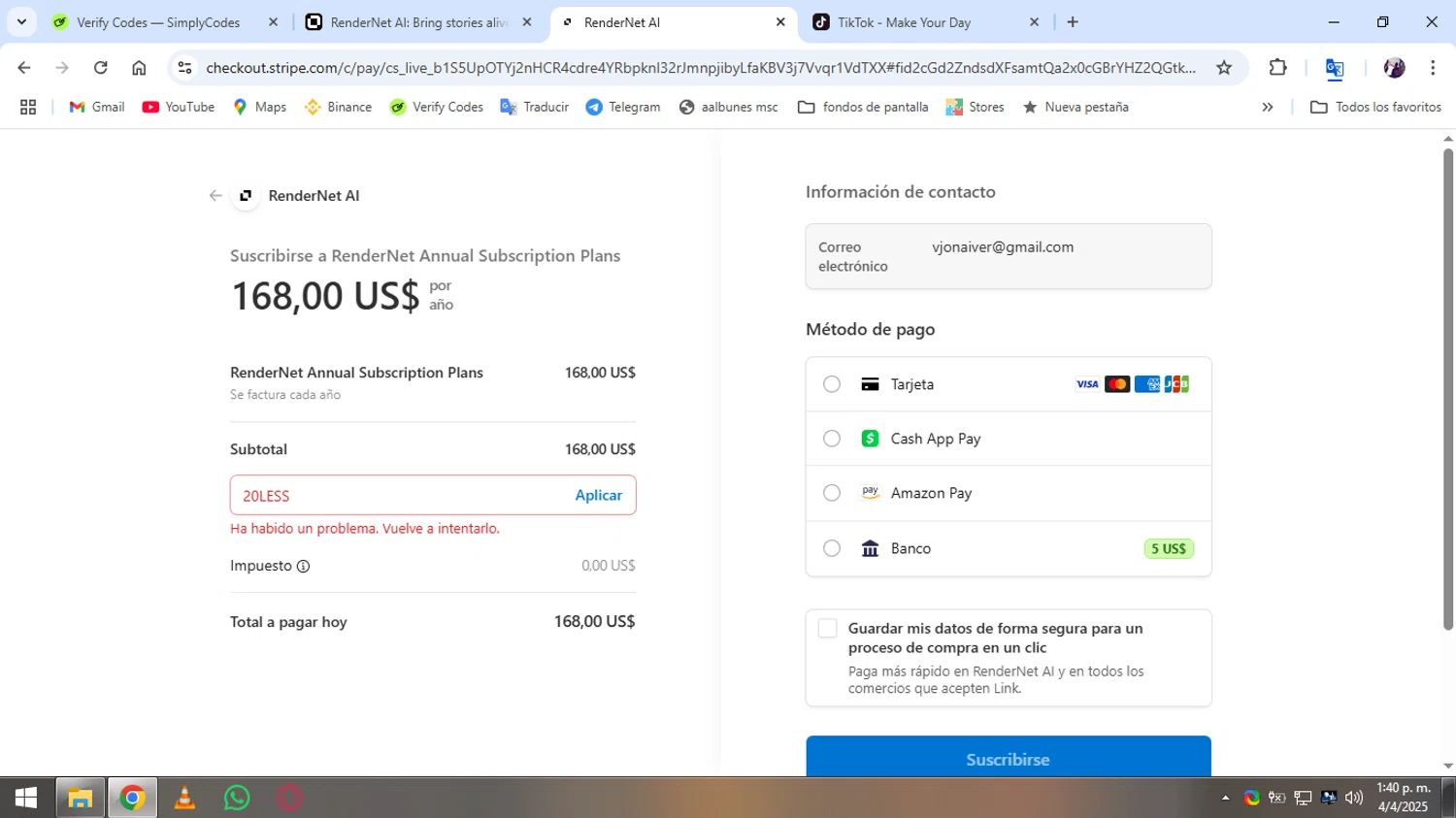 Affogato AI promo code screenshot showing code 20LESS applied at Affogato AI checkout page. Uploaded by SimplyCodes community member Moderador on Apr 4, 2025