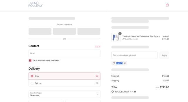 Renee Rouleau checkout page showing Renee Rouleau discount code box | Screenshot taken by SimplyCodes community member on Aug 17, 2025