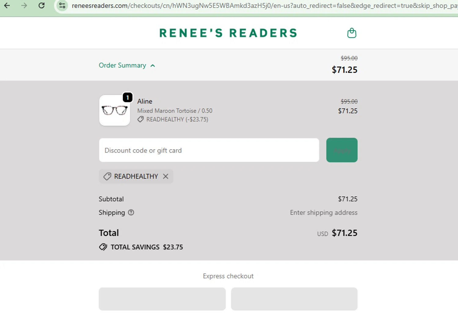Renee's Readers promo code screenshot showing code READHEALTHY applied at Renee's Readers checkout page. Uploaded by SimplyCodes community member CoinOwl9375 on Oct 9, 2025