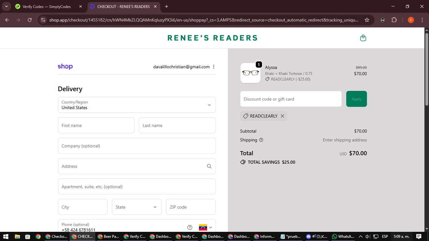 Renee's Readers promo code screenshot showing code READCLEARLY applied at Renee's Readers checkout page. Uploaded by SimplyCodes community member NatanaelCano on Oct 21, 2025