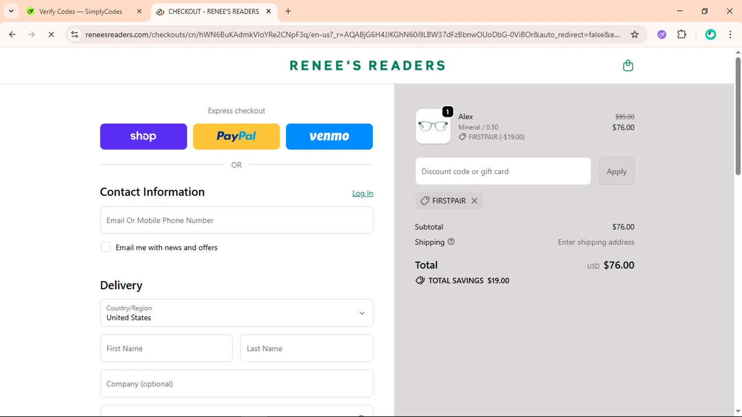 Renee's Readers promo code screenshot showing code Firstpair applied at Renee's Readers checkout page. Uploaded by SimplyCodes community member ShieldLegend9691 on Dec 8, 2025